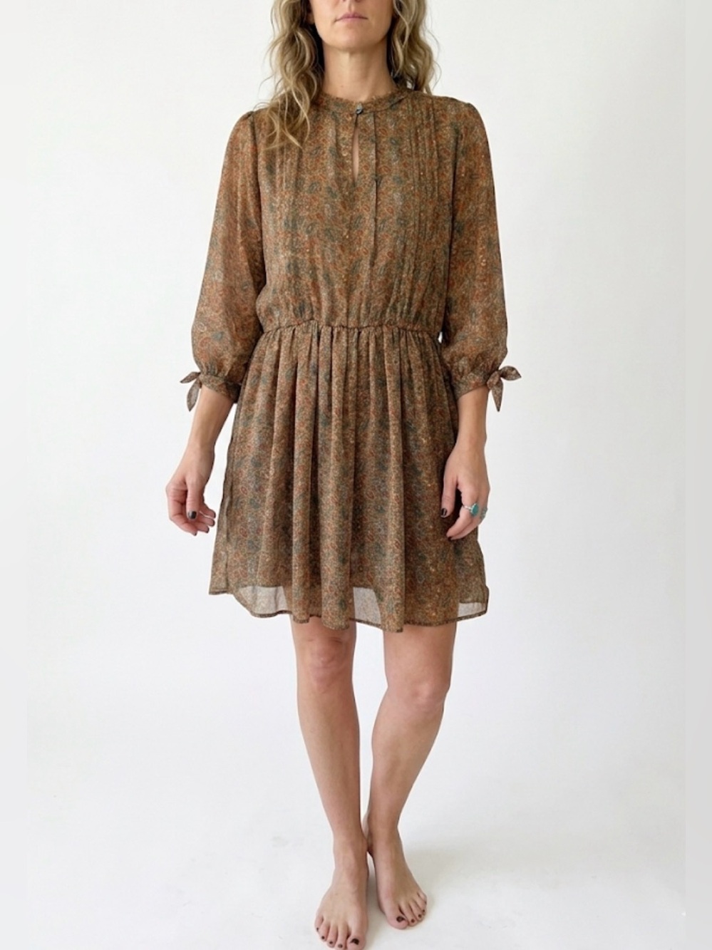AGAIN Collection Boho Paisley Long Sleeve Pintuck Mini Dress Small